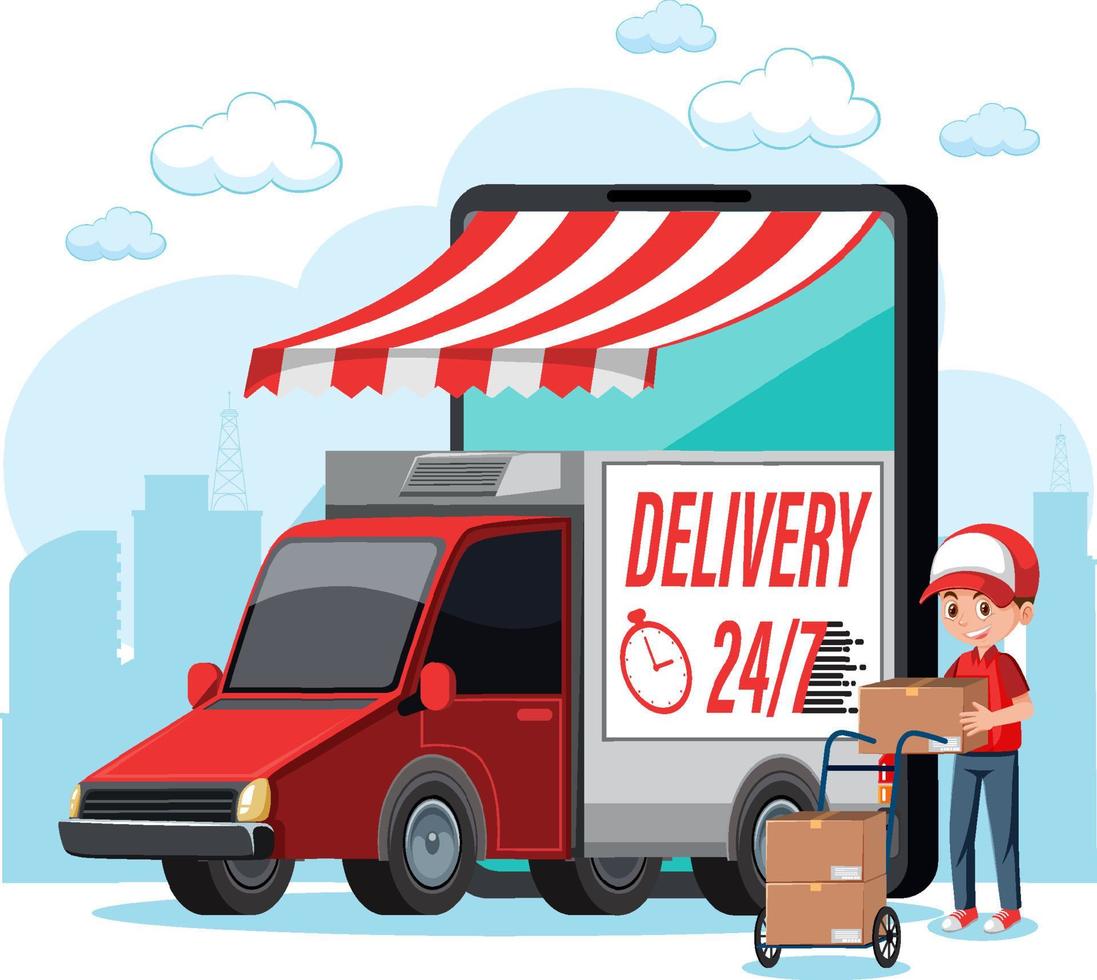 Delivery panel van with courier holding a package vector