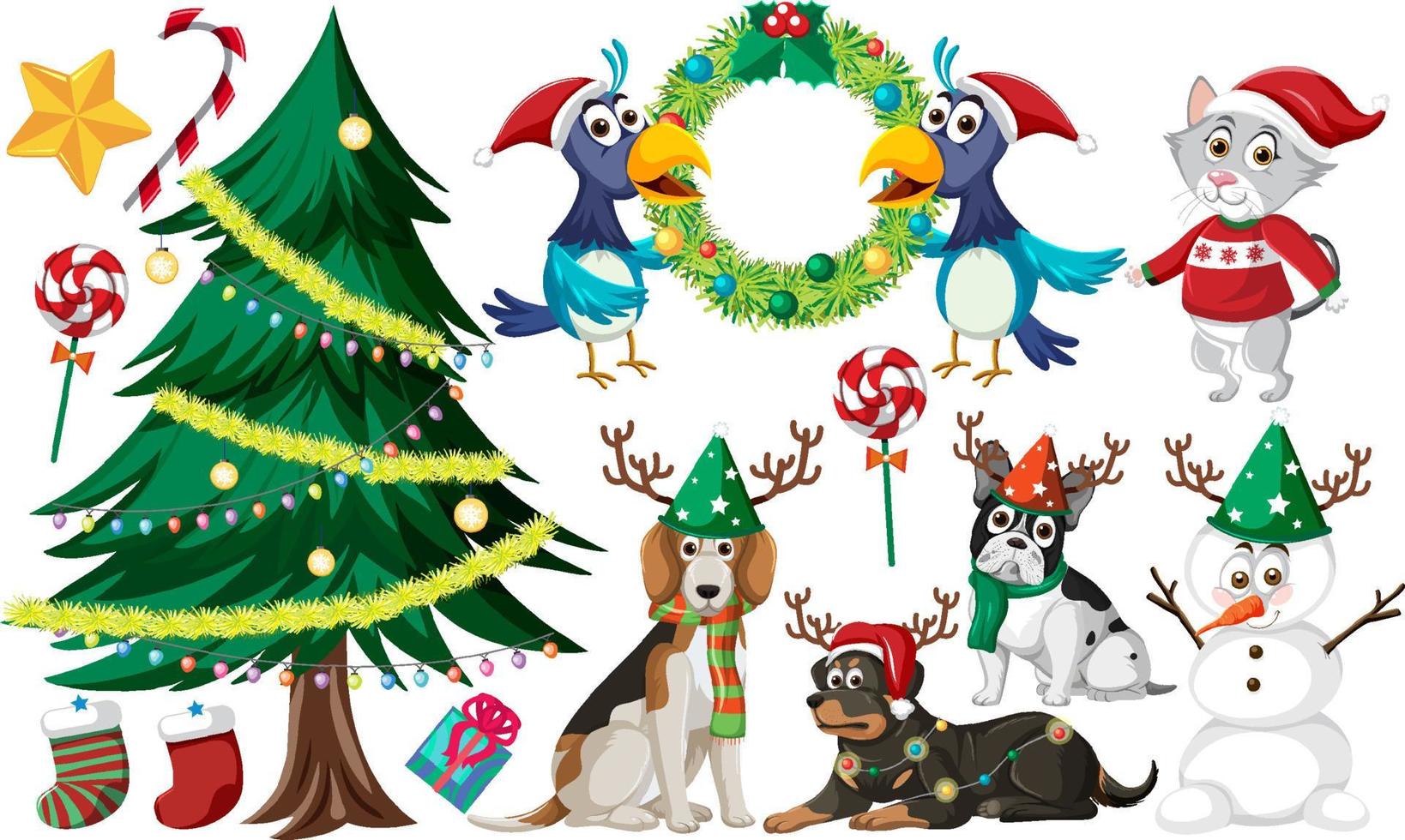 Christmas set with tree and decorations vector