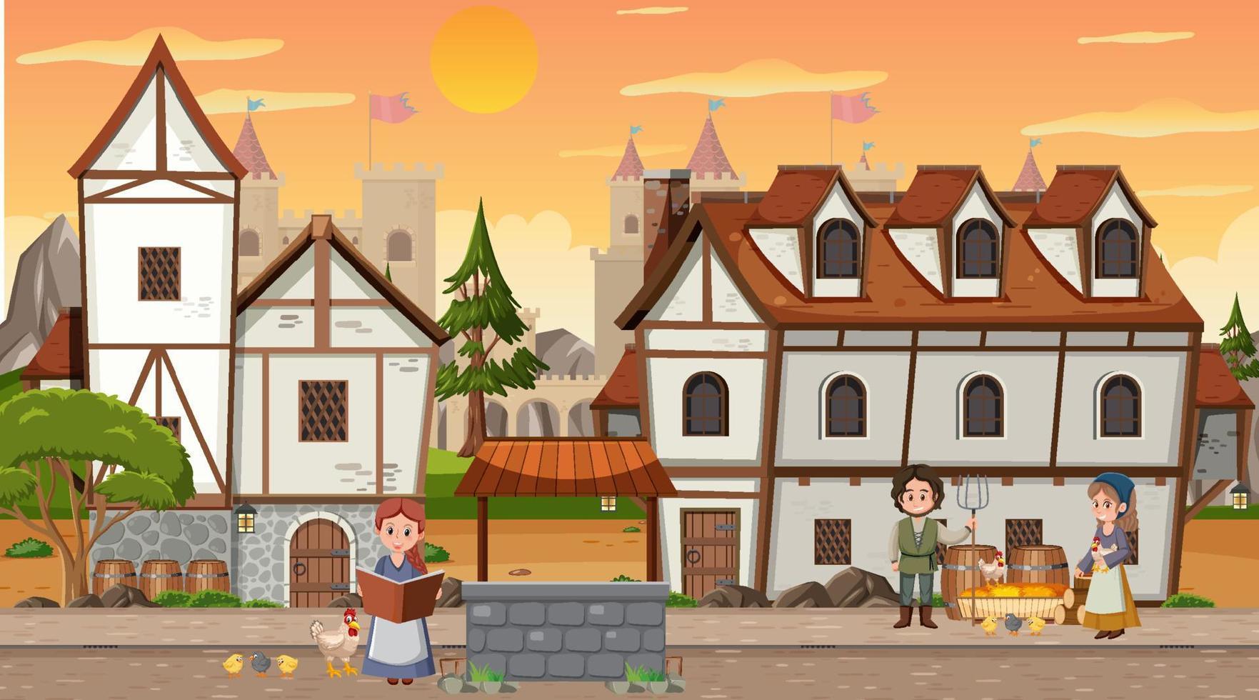 Medieval town scene with villagers vector