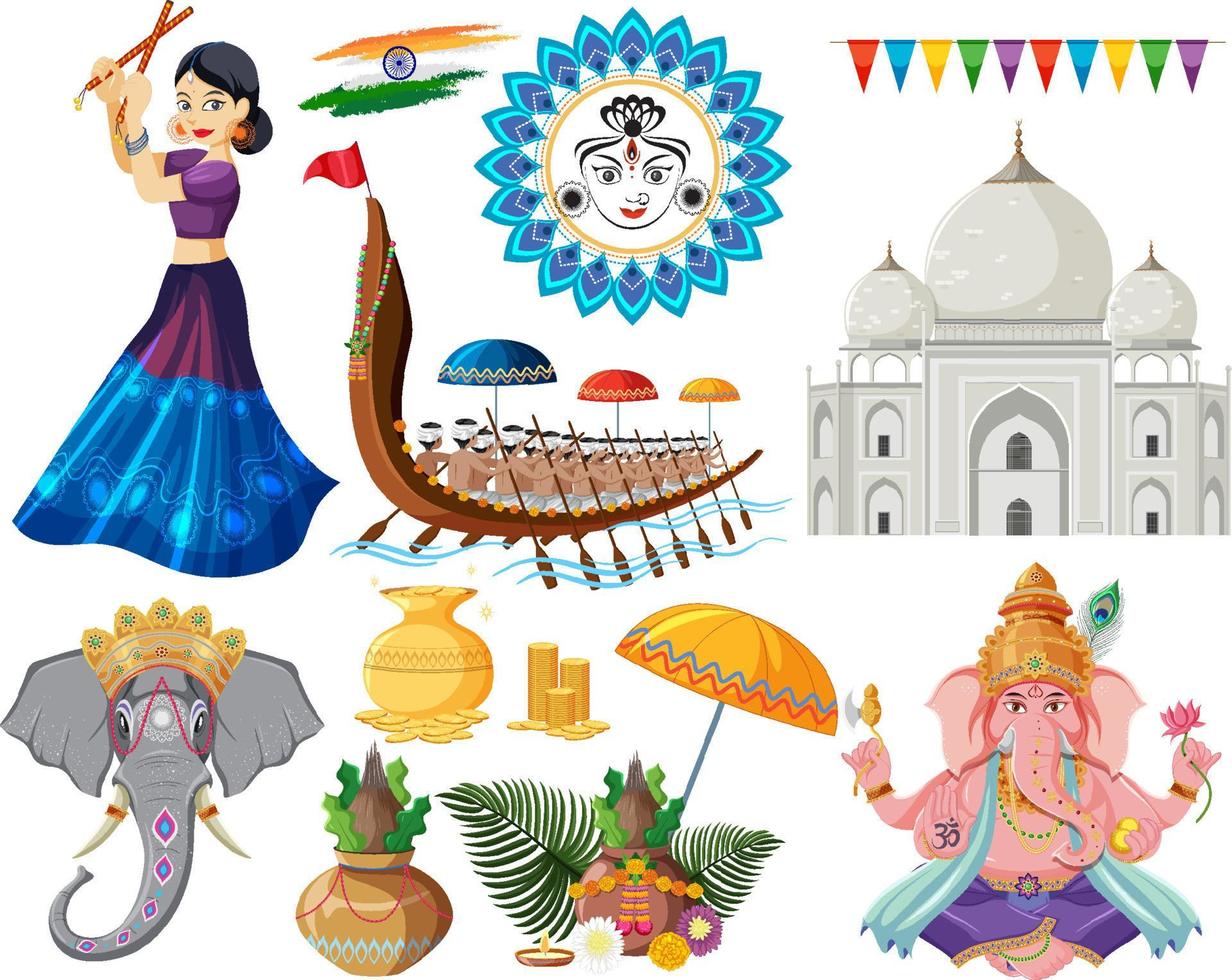 Set of indian gods and offerings vector