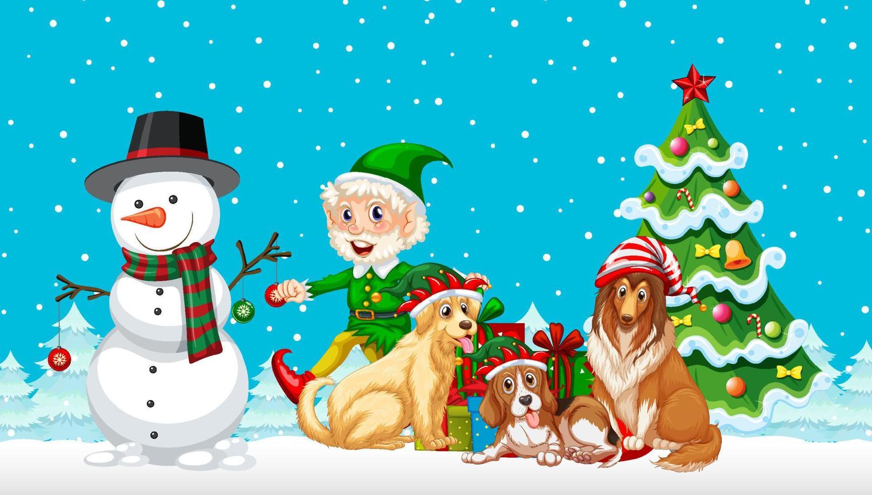 Christmas cartoon characters on snowy blue background vector