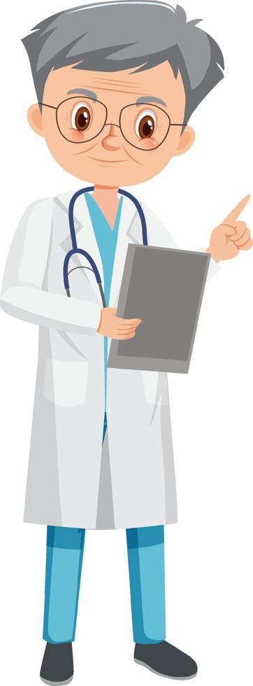 viejo personaje de dibujos animados médico sobre fondo blanco vector