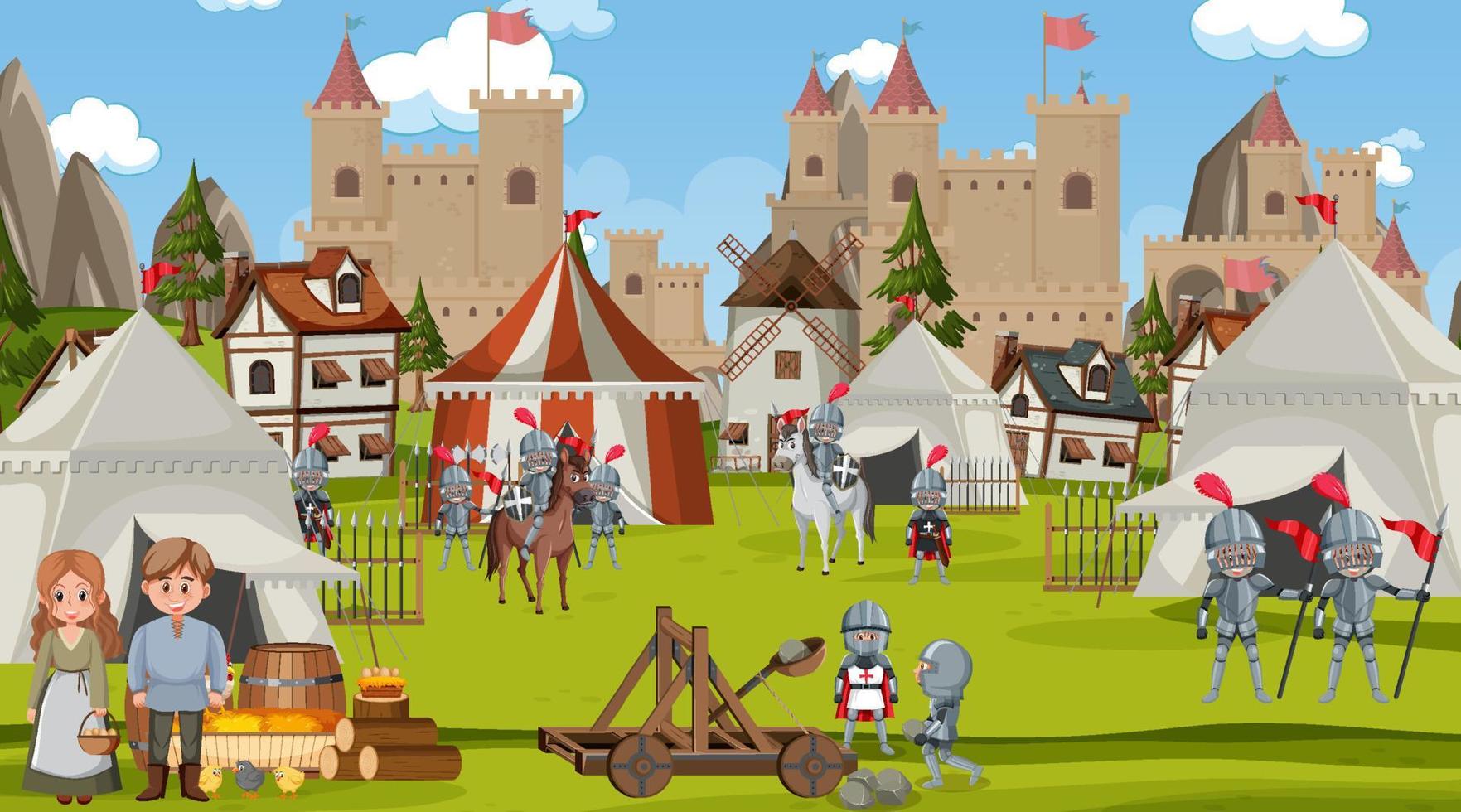 Medieval town scene camp with tents and castle vector