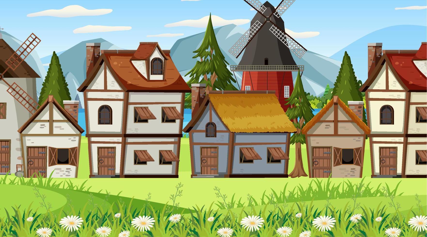 Medieval town scene with villagers vector