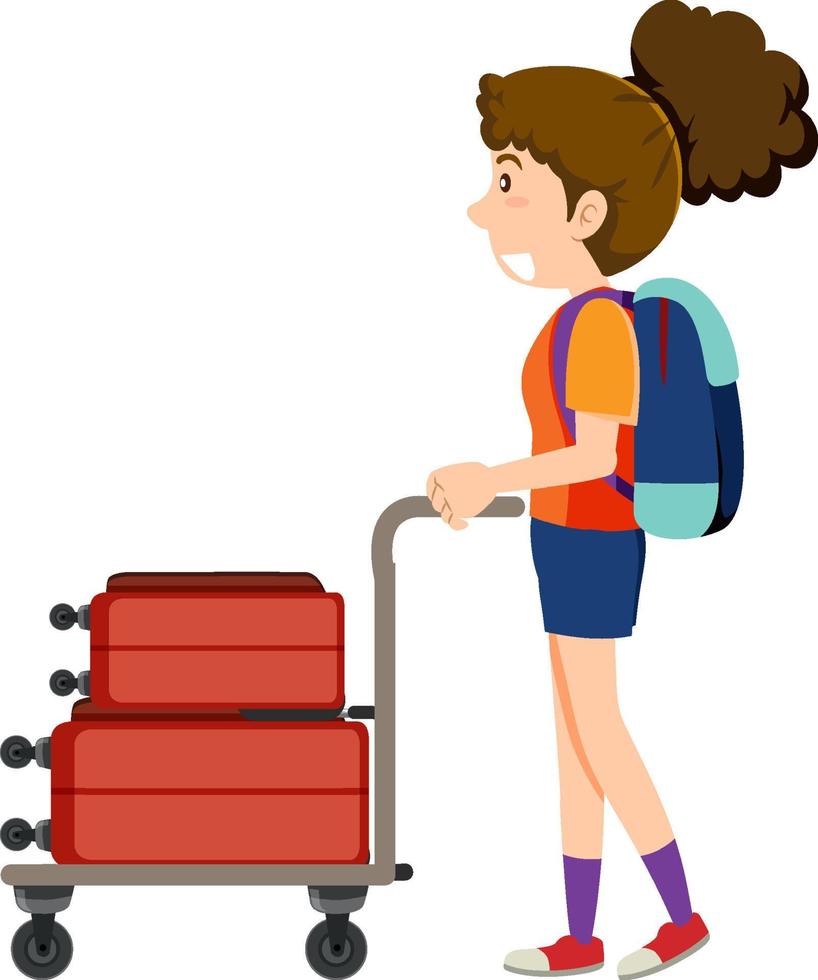A woman pushing baggage cart on white background vector