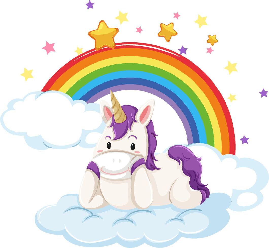 pequeño unicornio acostado en una nube con arco iris vector