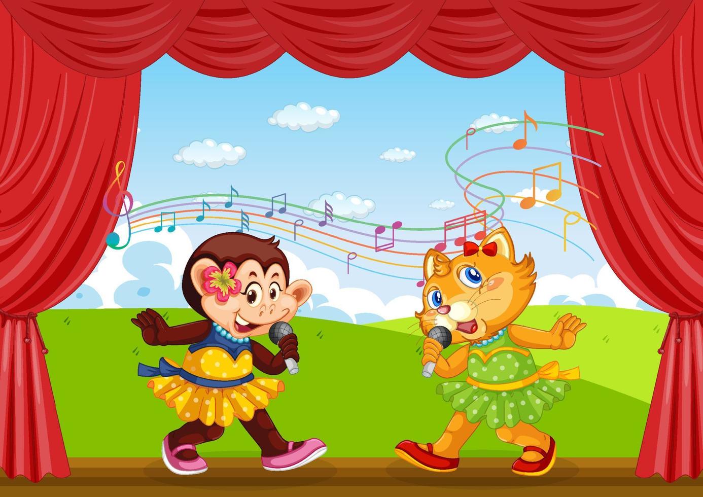 Cat and monkey performing singing on stage vector