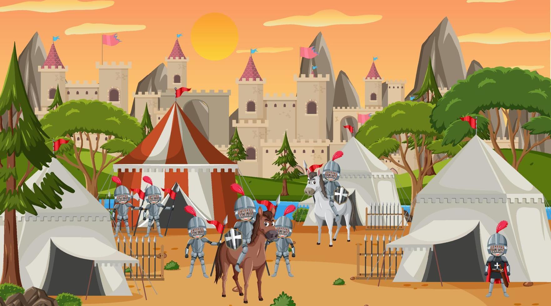 Medieval town scene camp with tents and castle vector