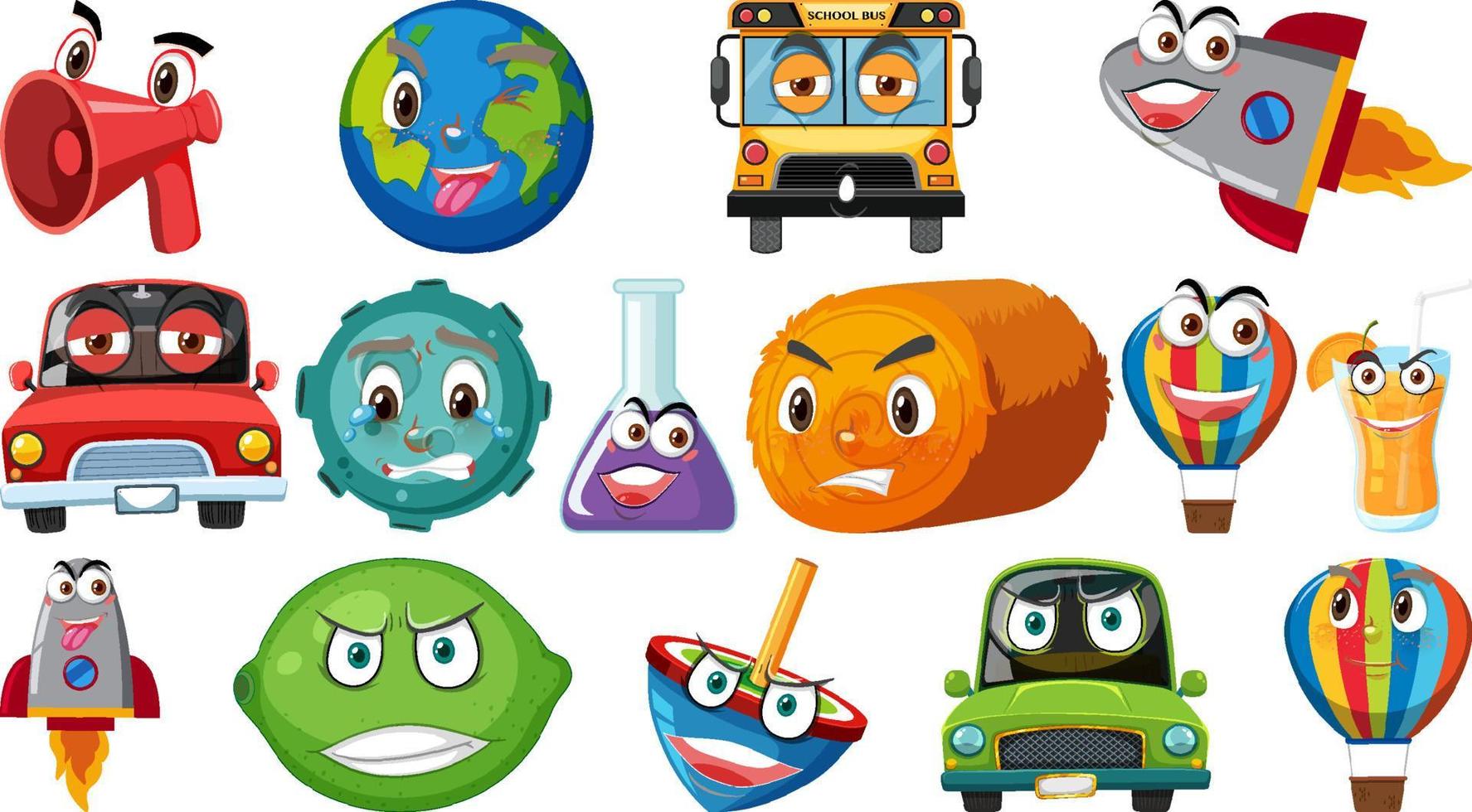 Set of different toy objects with smiley faces vector