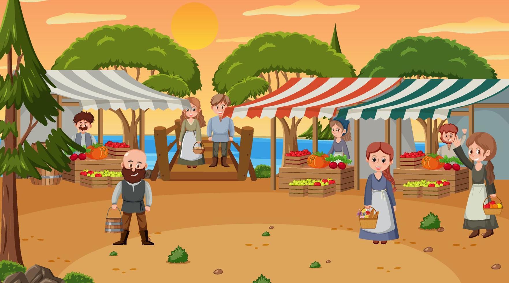 Medieval town scene with villagers vector