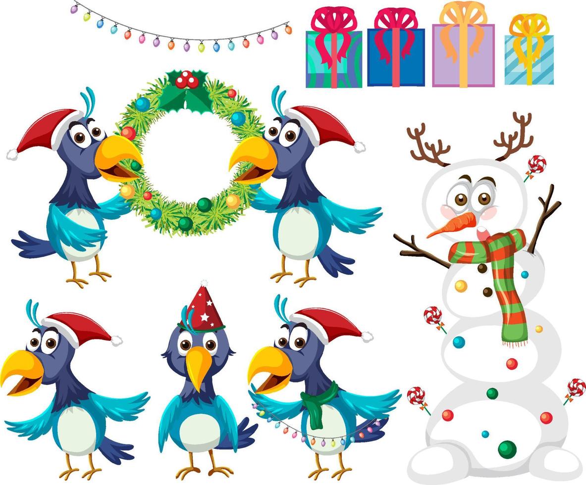 set navideño con pájaros y muñeco de nieve vector