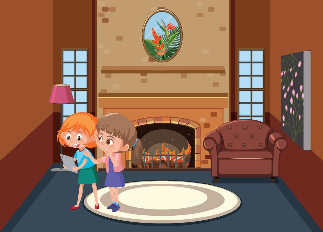 Living room scene with two girls cartoon character vector