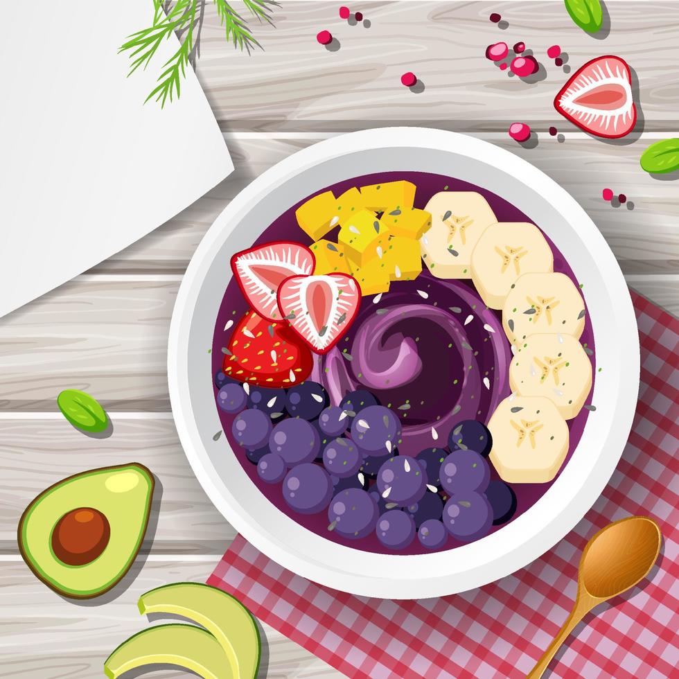 Top view Acai food bowl and placemat on wood table vector