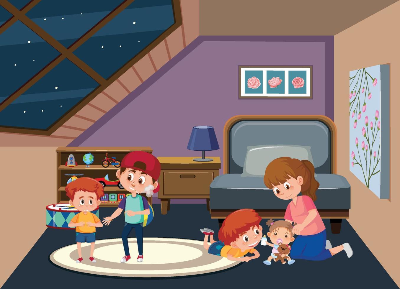 Attic room scene with a woman and her children vector