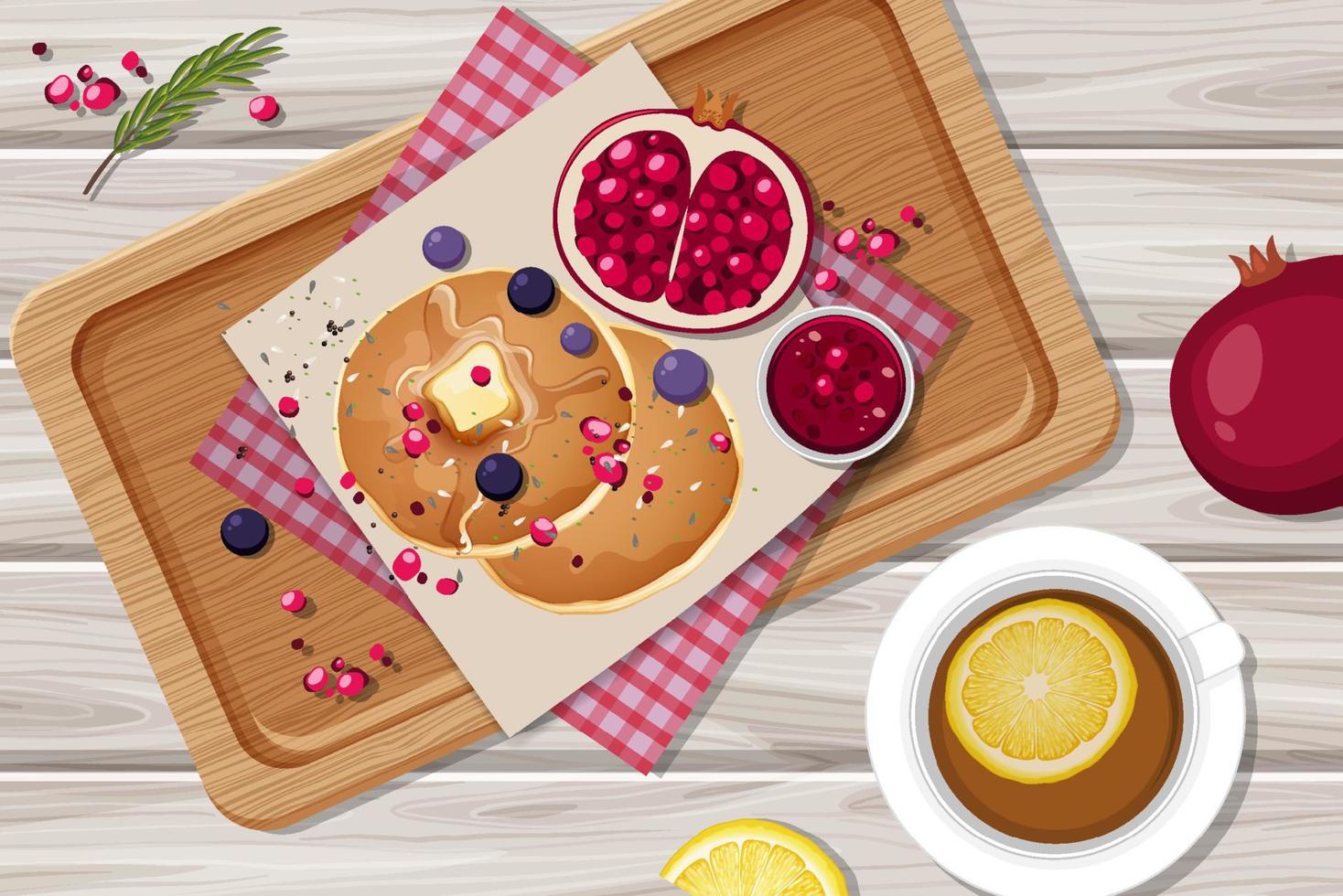 Top view food, pancake with coffee on wood table vector