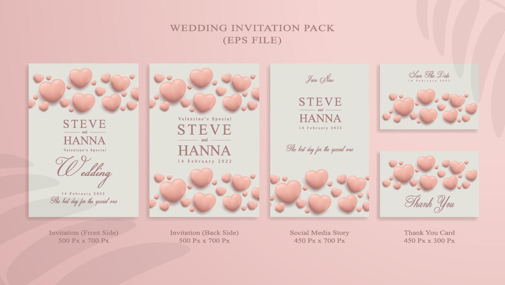 Pink wedding invitation pack with thank you card and social media story vector