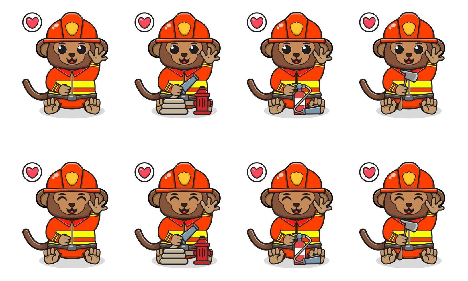 Vector Illustration of Cute sitting Monkey cartoon with Firefighter costume and hand up pose.