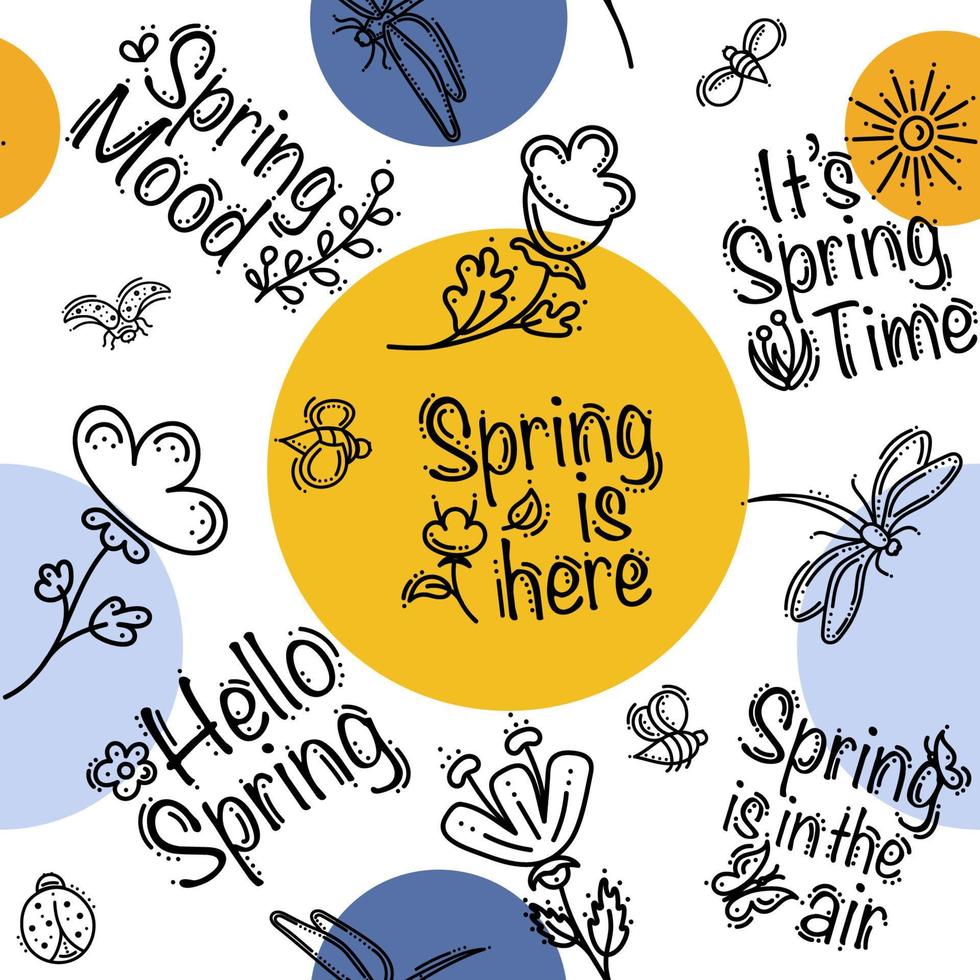 Spring Seamless Pattern With Lettering, Flowers, Dragonflies, Ladybirds and Bees vector