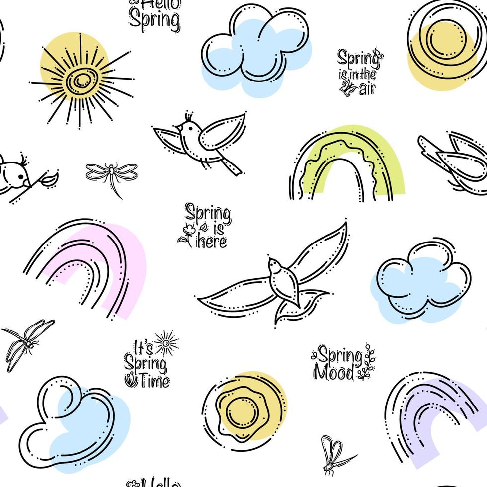 Spring Seamless Pattern With Sun, Rainbows, Clouds, Birds and Dragonflies vector