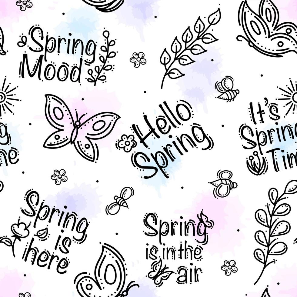 Spring Seamless Pattern With Lettering, Herbs, Flowers, Butterflies and Bees vector