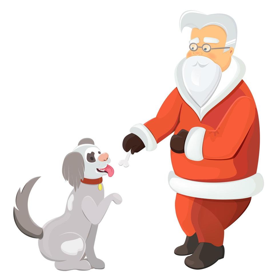 Santa Claus playing with dog. Santa with pawing dog isolated on white background. vector