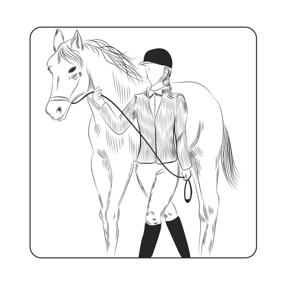 Jockey woman and horse hand drawn illustration. vector