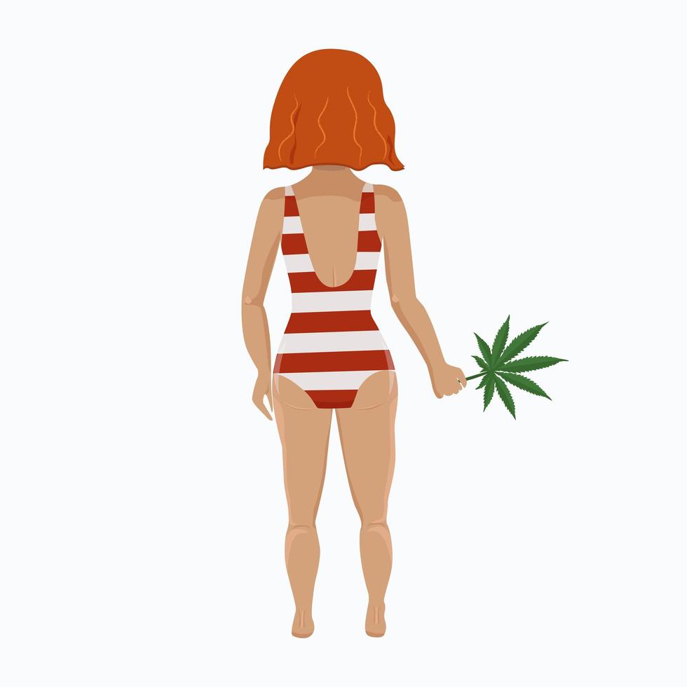 chica pelirroja de atrás sosteniendo la hoja de marihuana. vector