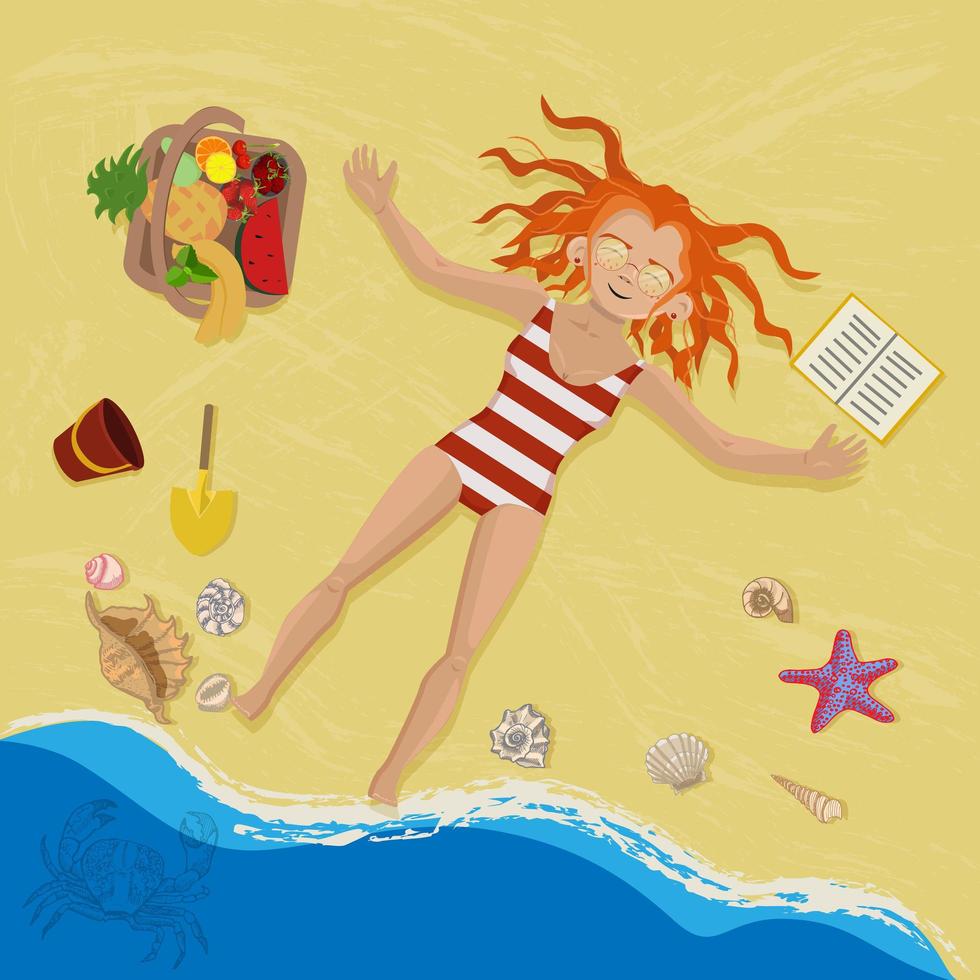 Redhead woman resting on a beach. vector