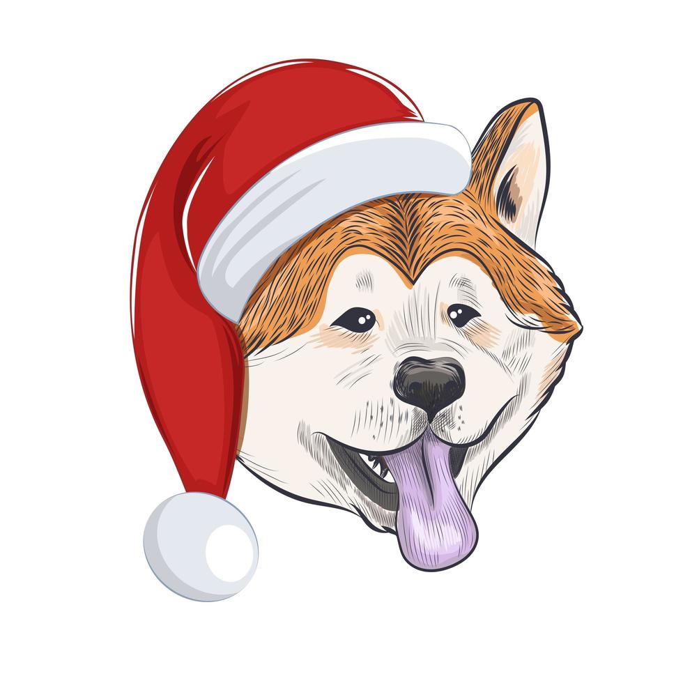 el perro akita inu usa sombrero de navidad. vector