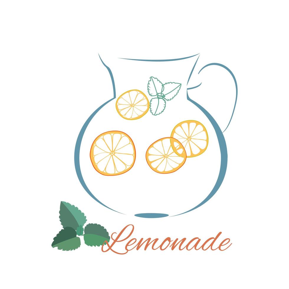 Lemonade jug outline logo and mint leaves. vector