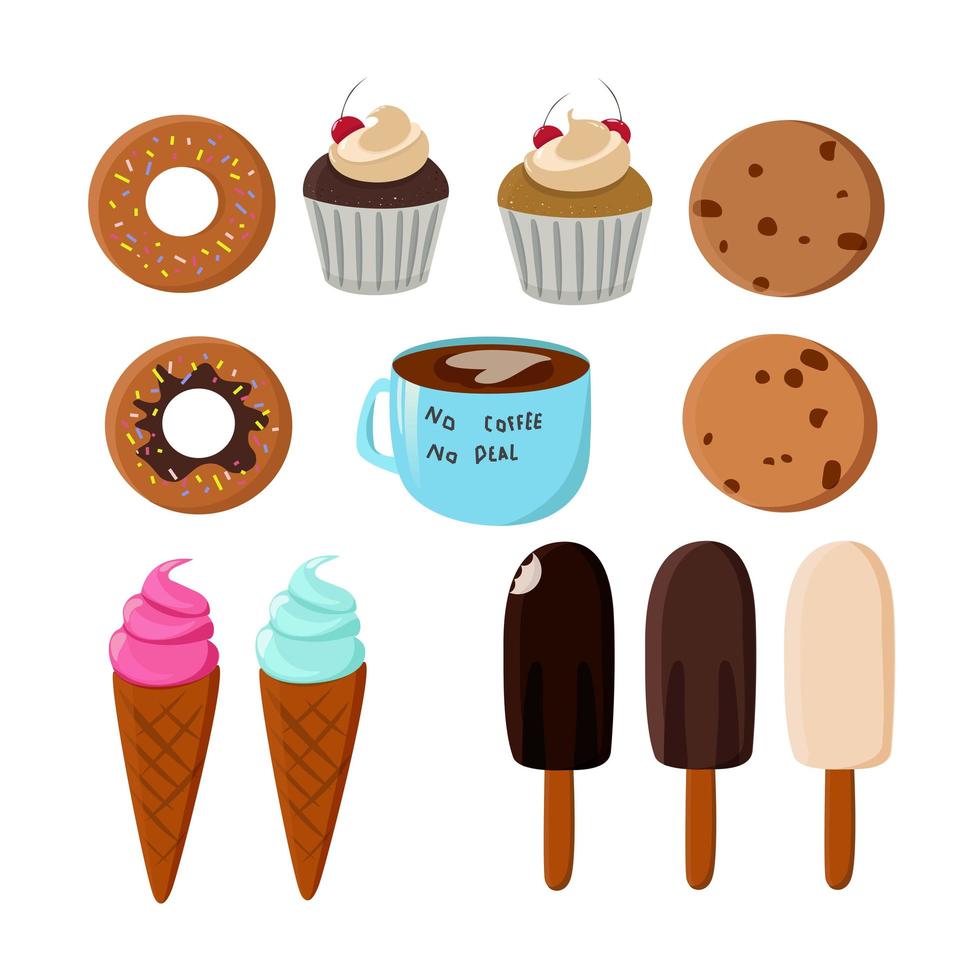 Desserts vector collection. Pastries and sundae.