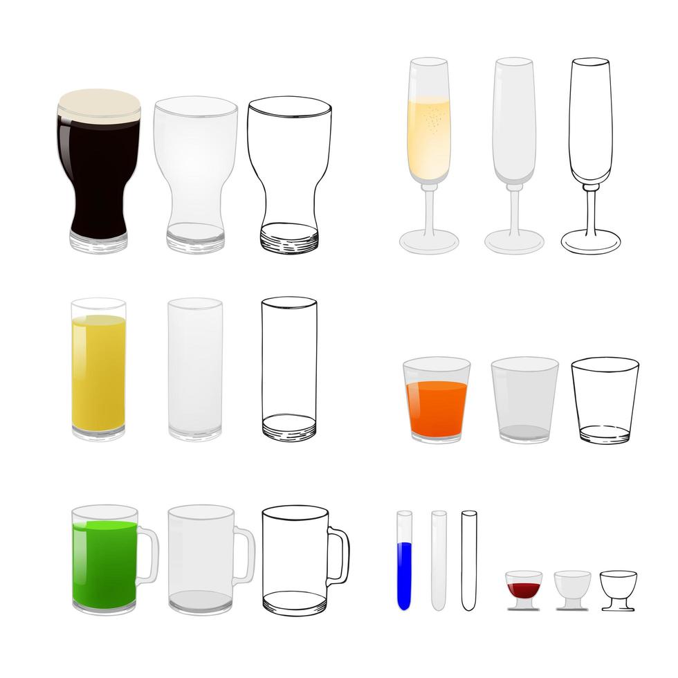 vasos para cerveza, vino y otras bebidas aisladas en fondo blanco. vector