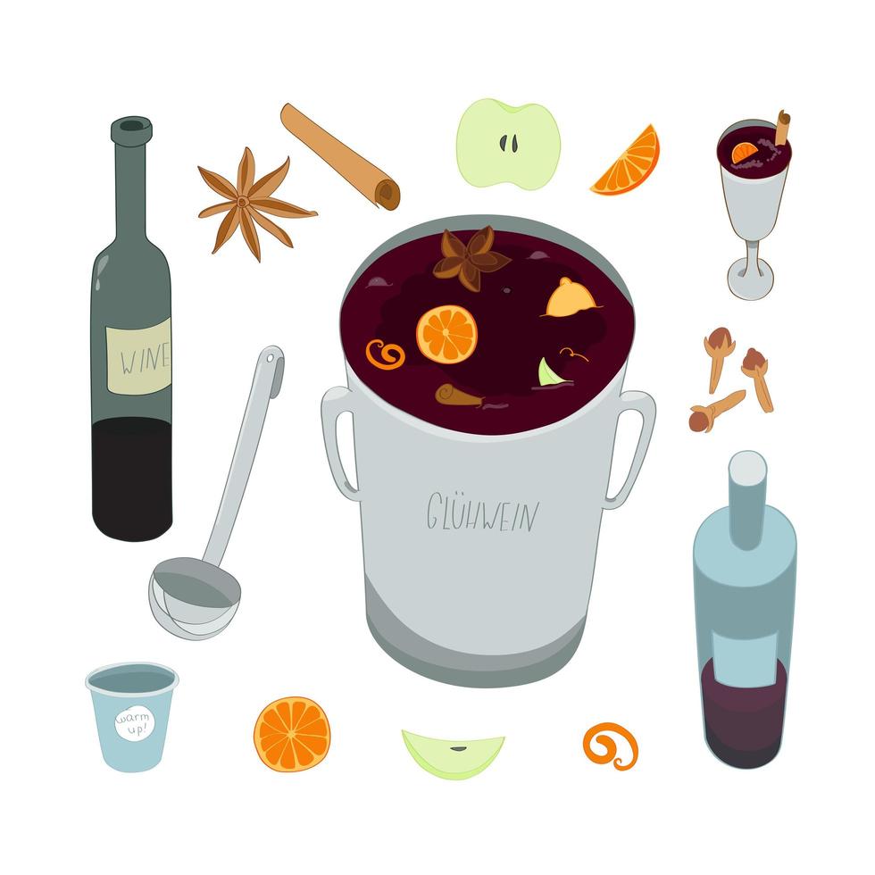 ingredientes de vino caliente aislados sobre fondo blanco. vector