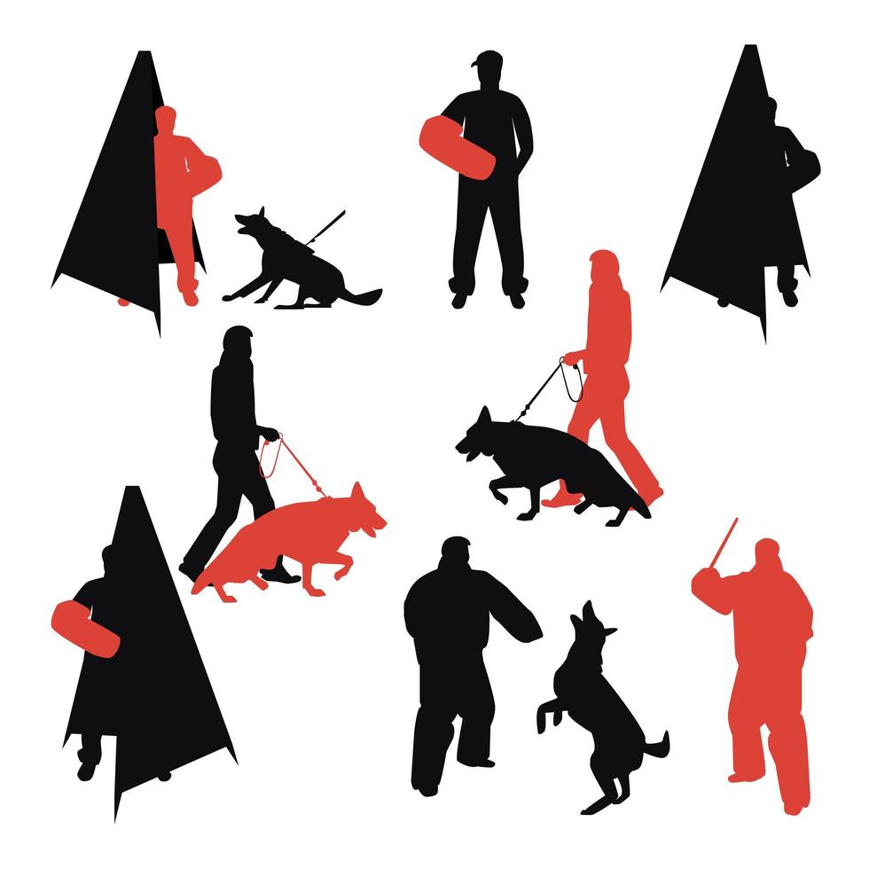 Set of dog sport silhouettes. Dog on leash during training. vector