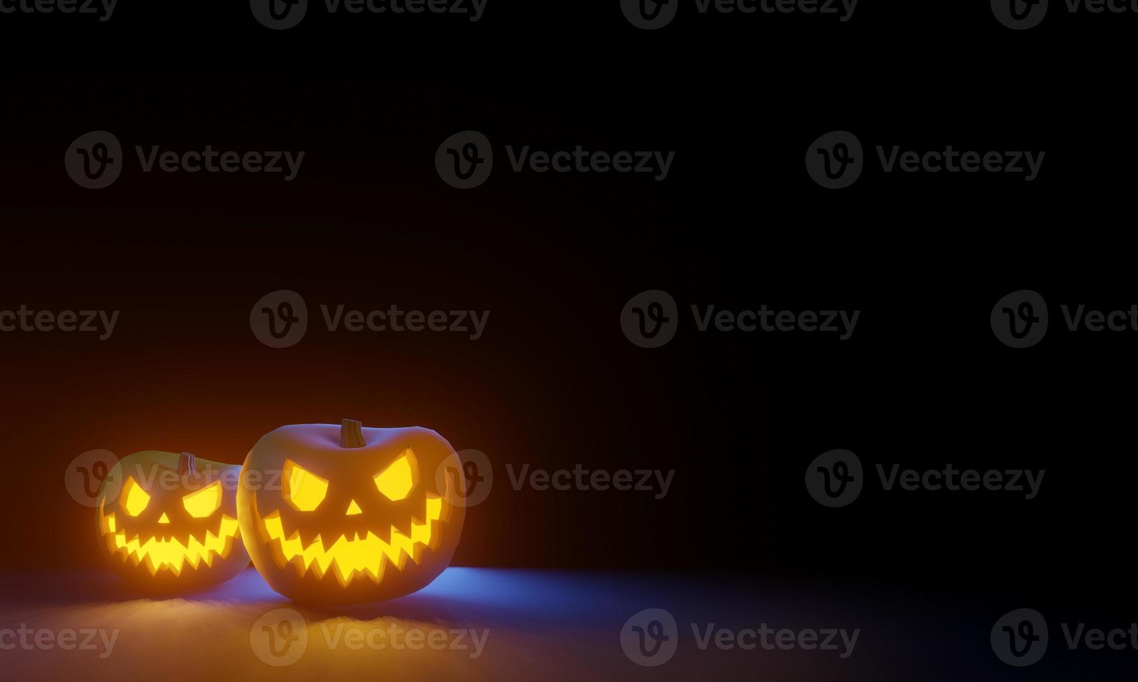 Representación 3D de dos calabazas de Halloween que brillan intensamente sobre un fondo oscuro con espacio de copia foto