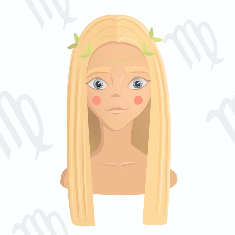 Blonde girl with long hair and green wreath on astrology seamless background. vector