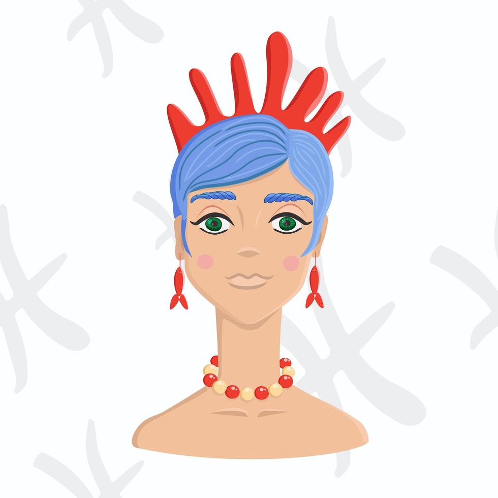 Blue-haired girl with coral tiara on astrology seamless background. vector