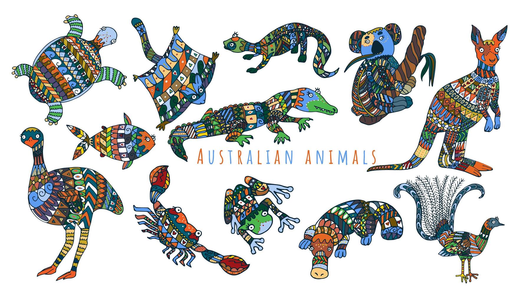 Colorful tribal set of australian animals. vector