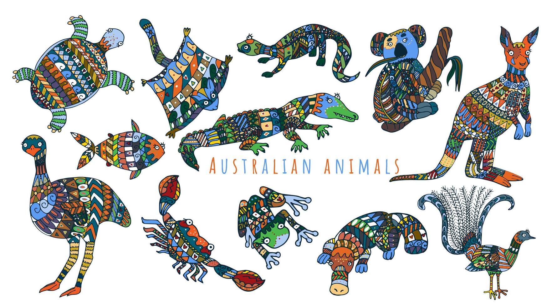 colorido conjunto tribal de animales australianos. vector