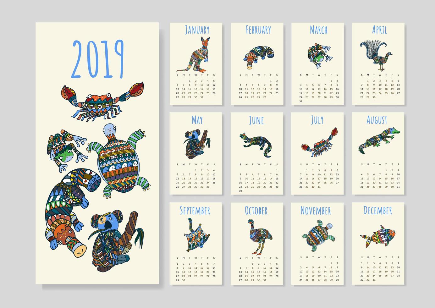 Calendar with tribal australian animals for year 2019. vector