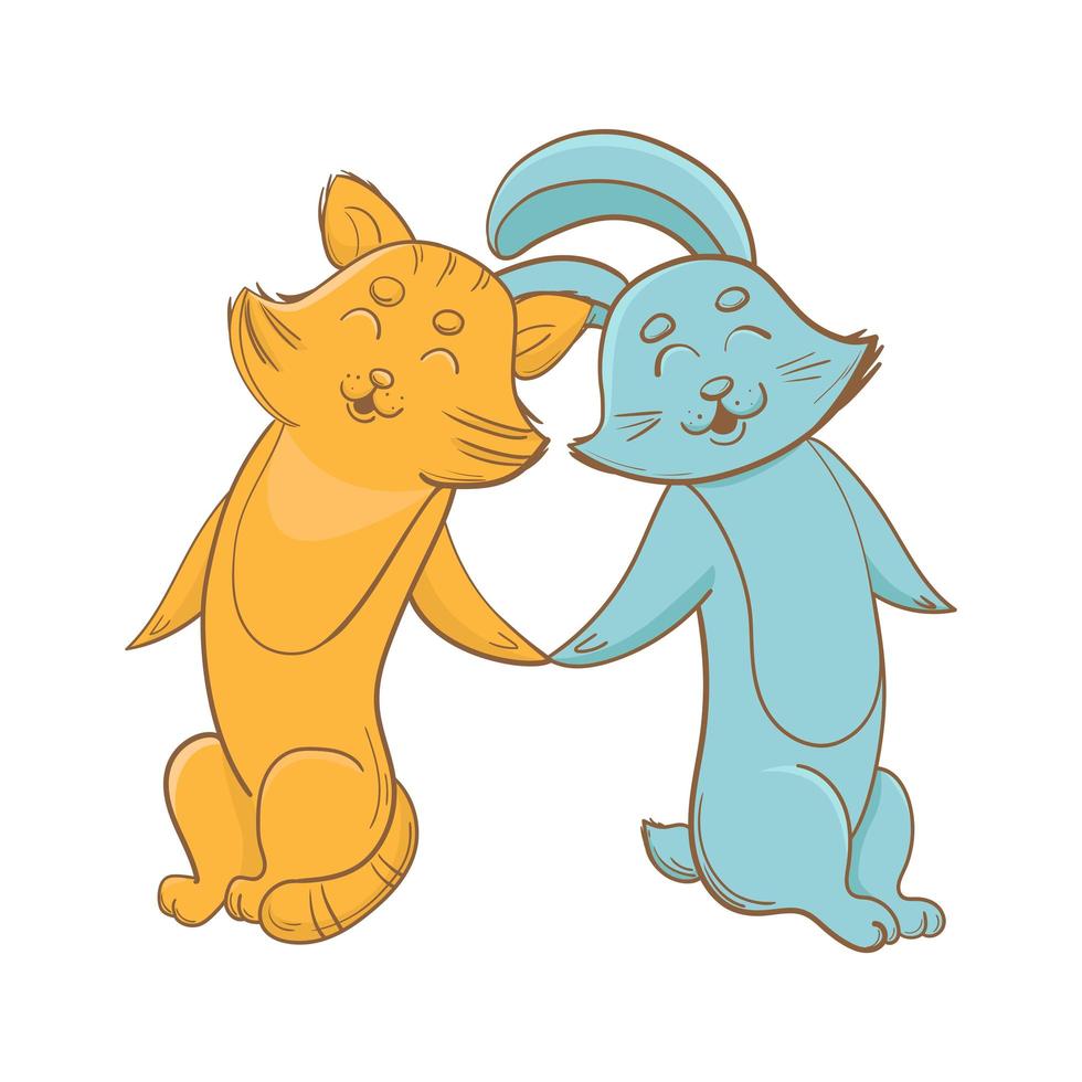 Cute bunny and kitty holding hands together. vector