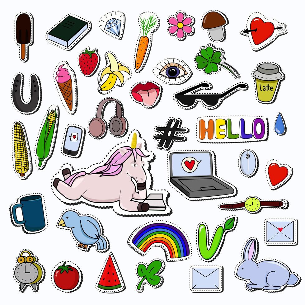 Patches collection with reading unicorn. vector