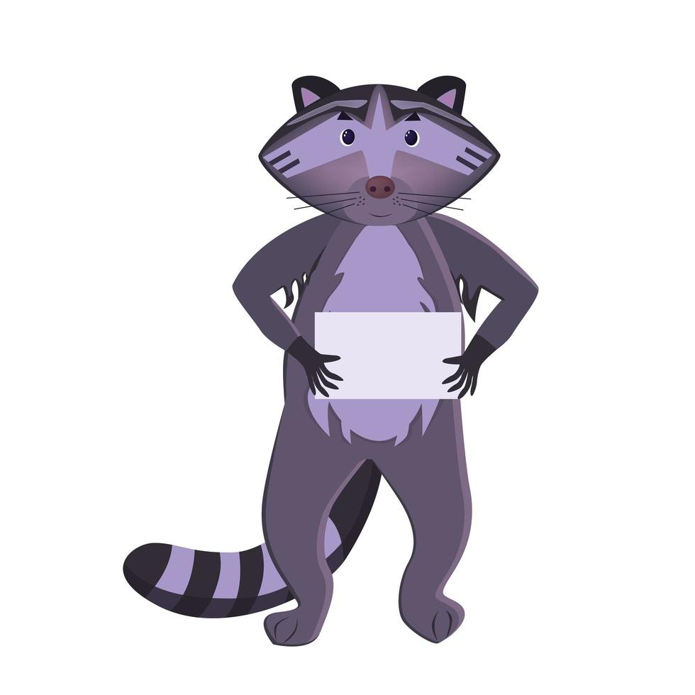 Cartoon raccoon holding a blank sheet isolated on white background. vector