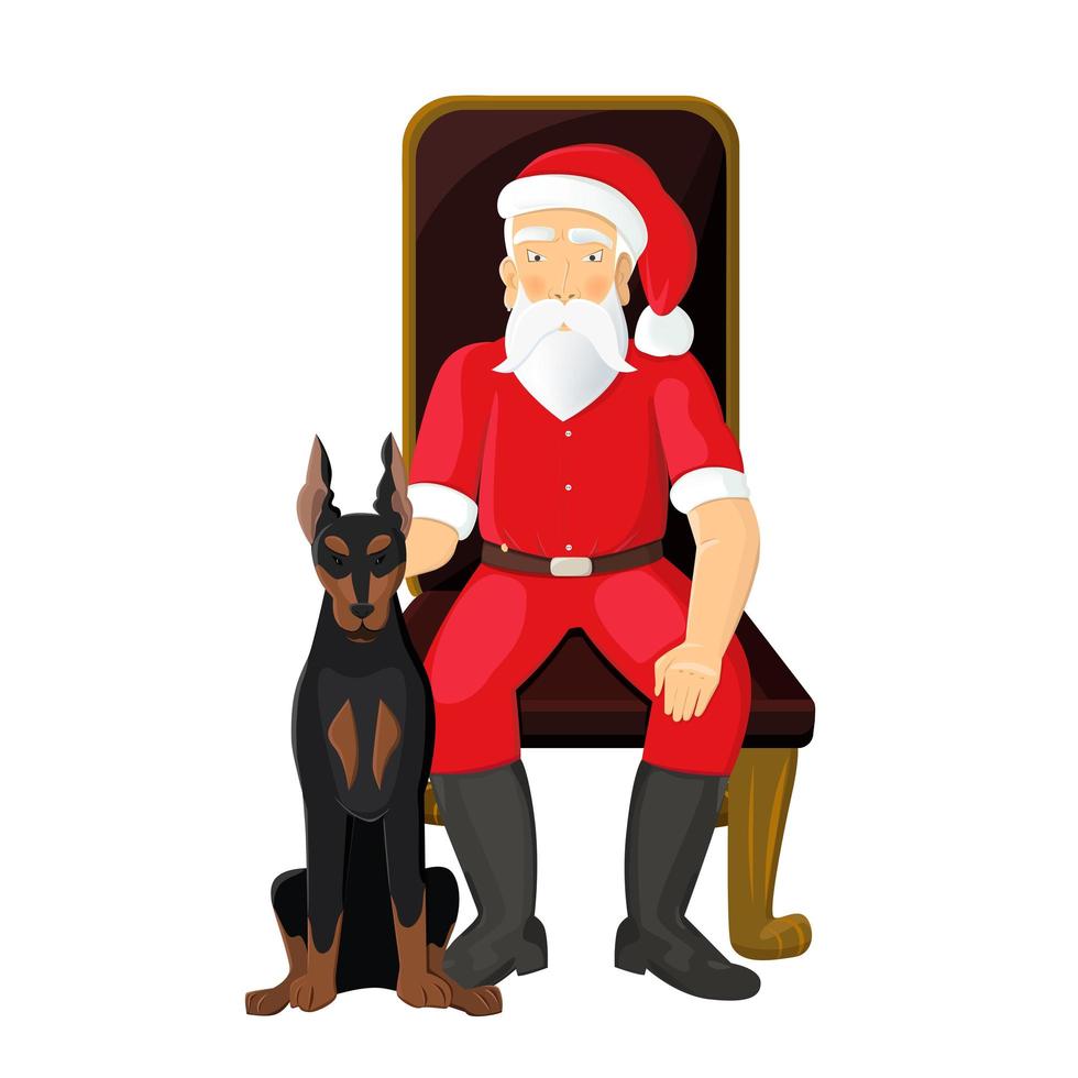 santa claus con perro sobre fondo blanco. santa sentado en una silla con doberman a su lado. vector