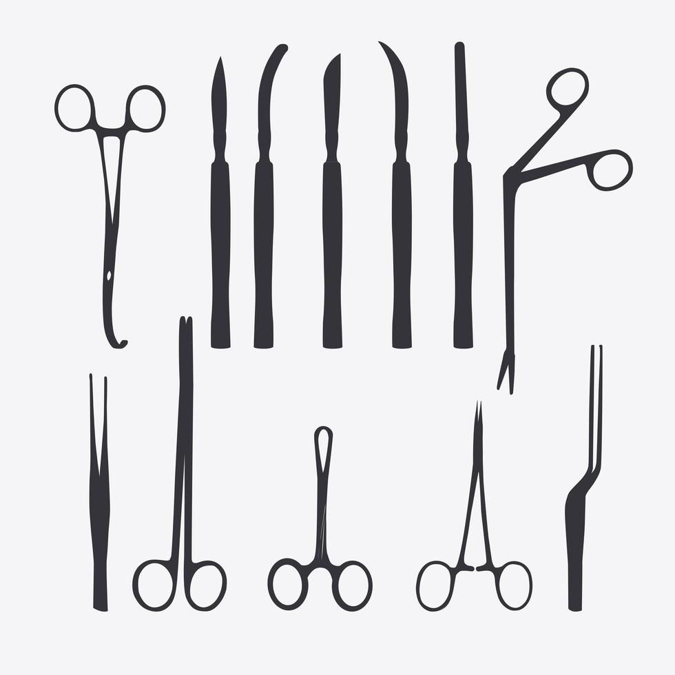 Surgeon instruments silhouettes isolated on white background. vector