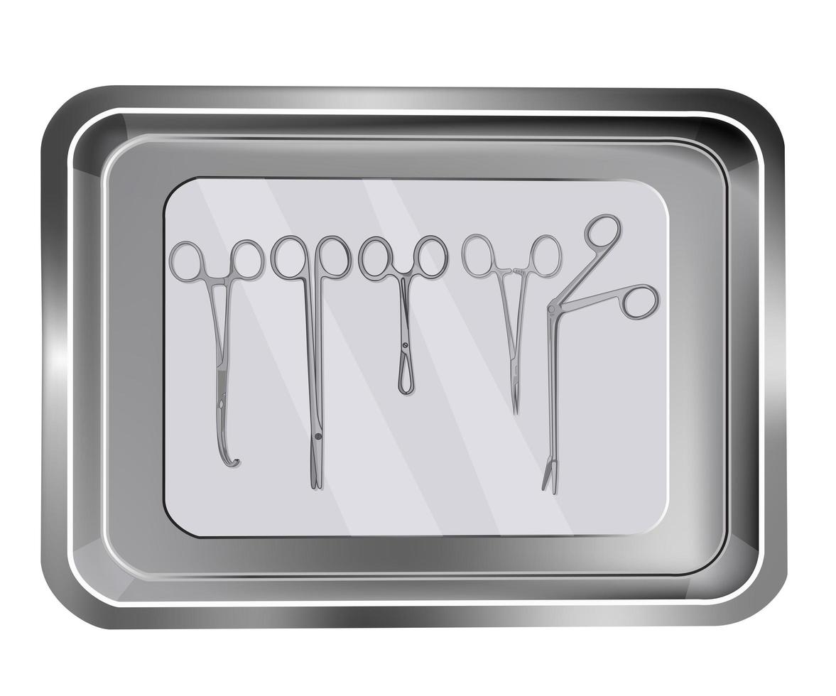 Surgical scissors and clamps on tray. vector