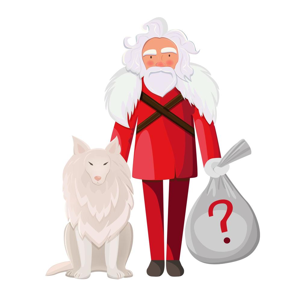 santa claus con perro aislado en fondo blanco. secreto santa sosteniendo una bolsa con regalos. vector