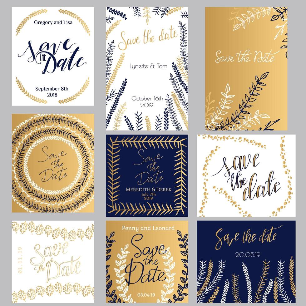 Golden, dark-blue and white invitation templates collection isolated on background. vector