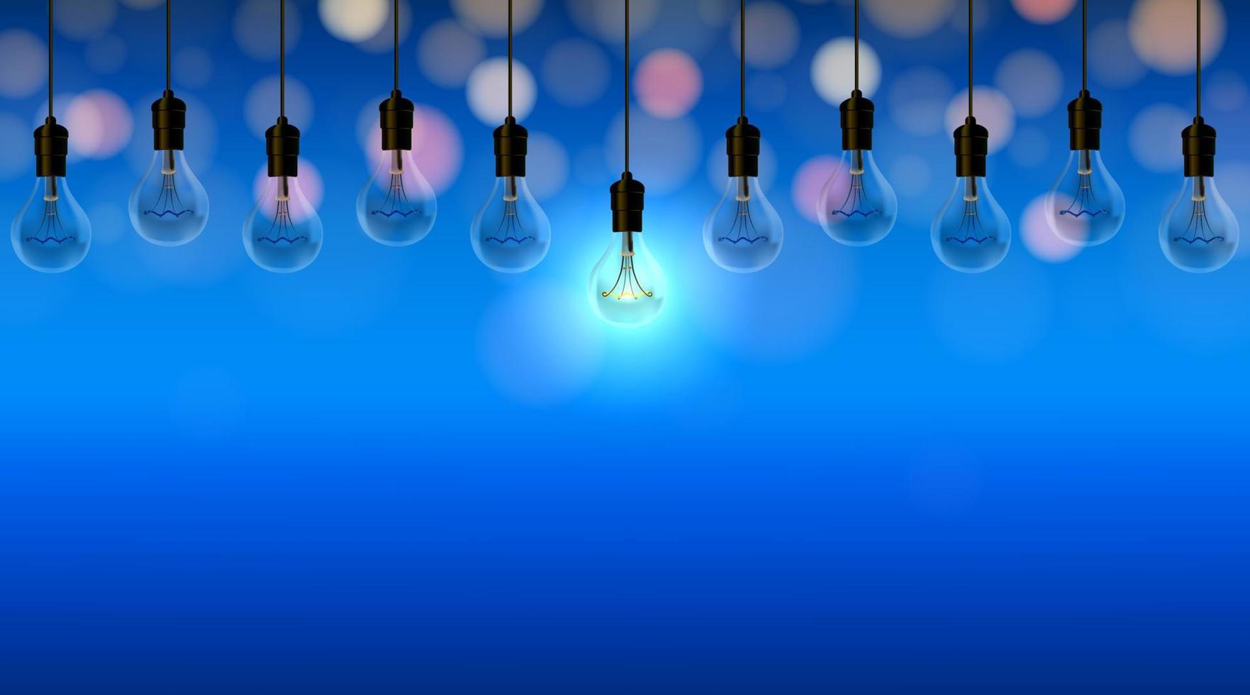 Multiple bulbs the center light on blue background and bokeh. vector
