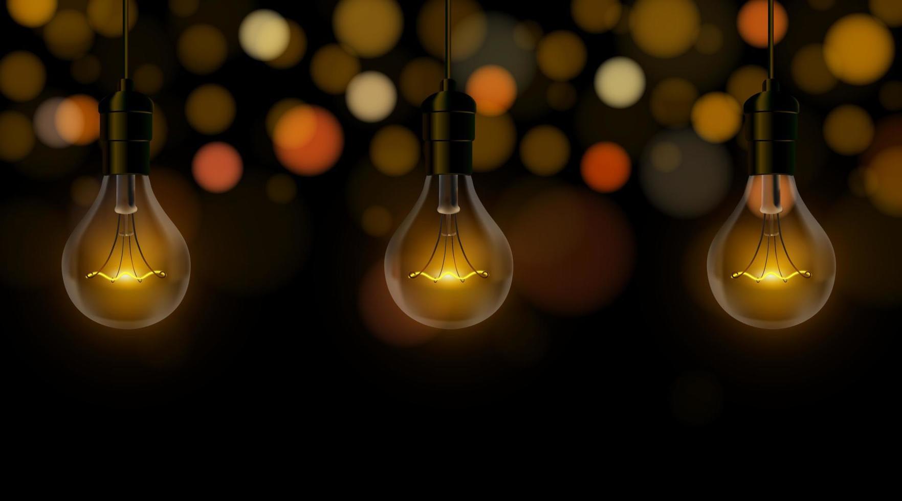 3 light bulbs on a dark black background with bokeh. vector